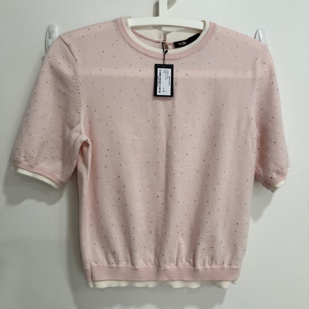 Maje NWT Pink Embellished Short Sleeve Sweater